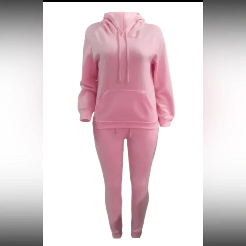 NWOT pink Casual Drawstring Pantsuits Two-piece Set, Pocket Hoodies Tops & Loose - Picture 2 of 2